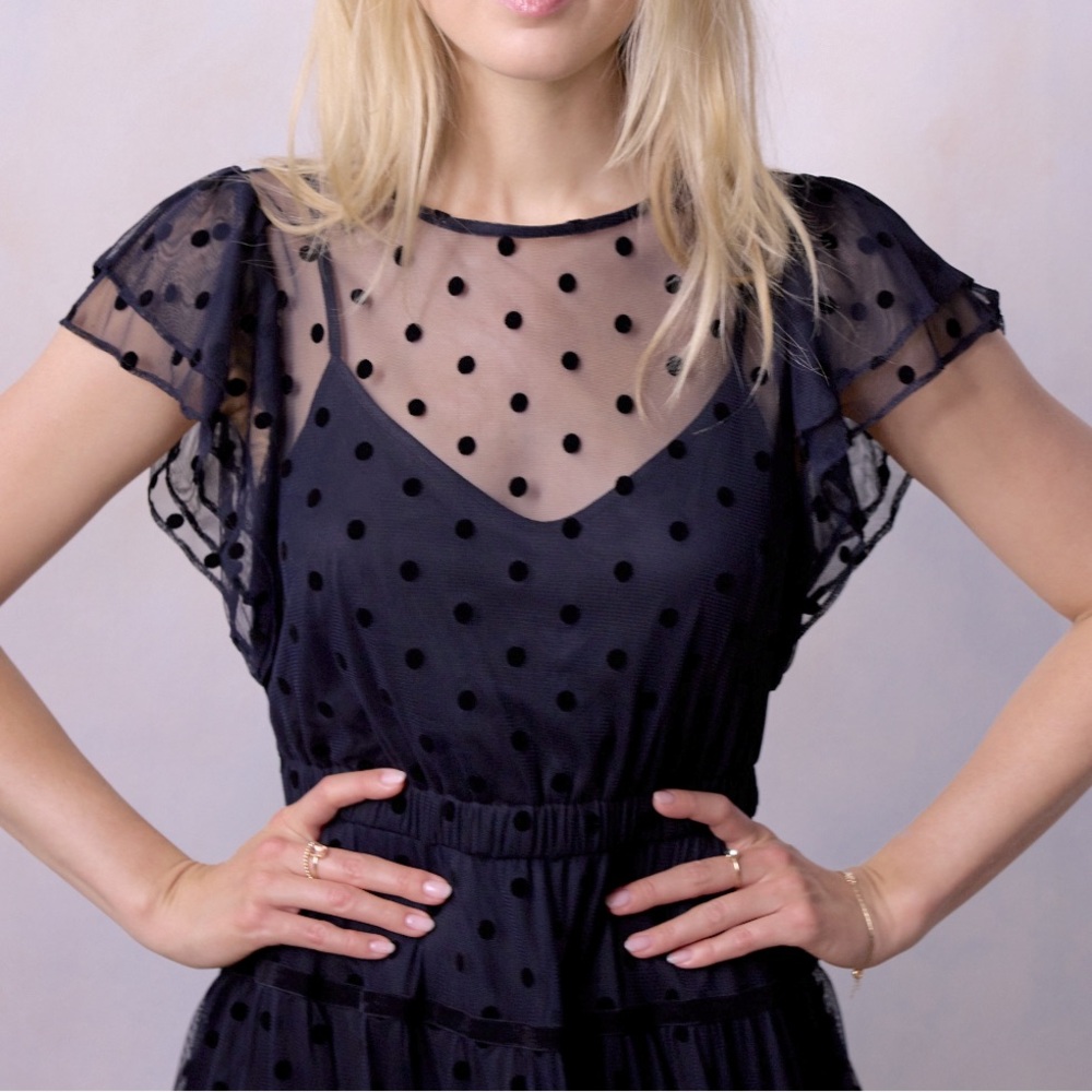LC Lauren Conrad Black Polka Dot Mesh Tiered Fit & Flare Mini Dress NWT XS